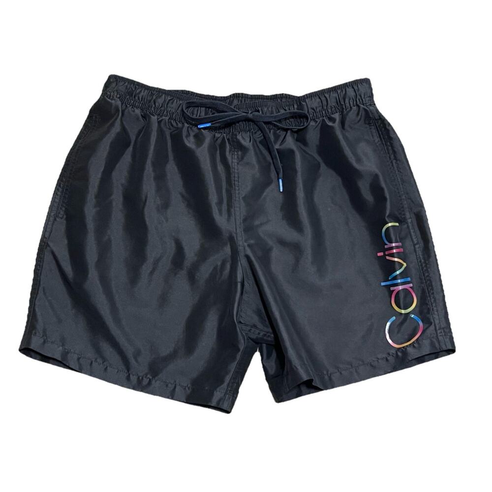 CALVIN KLEIN Rainbow Logo Swim Trunks Mens Large Liner Black Shorts Swimwear